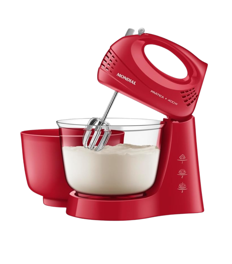 Batedeira de Mão Bella Massa Mondial B-55-R com dois batedores ideal para receitas simples.